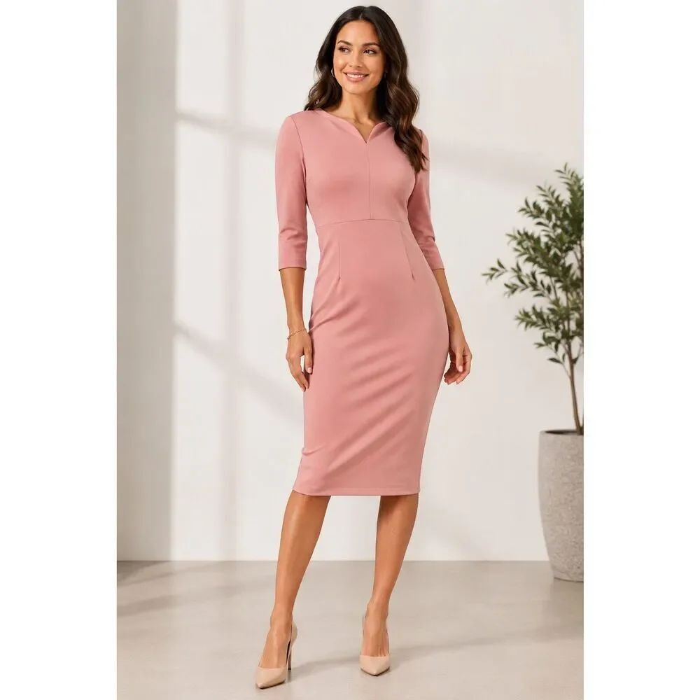 Jeyrey by H&H Fashion Pink Ponte Midi Sheath Dress Square Slit Neck Large NWOT